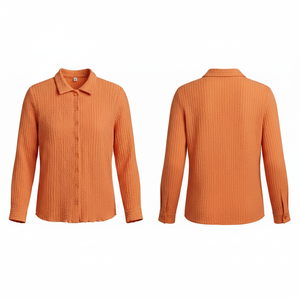 Chemise à manches longues boutonnée 100 % haute qualité, chemisier texturé décontracté, haut léger et doux pour le bureau, polos - Product Image 4