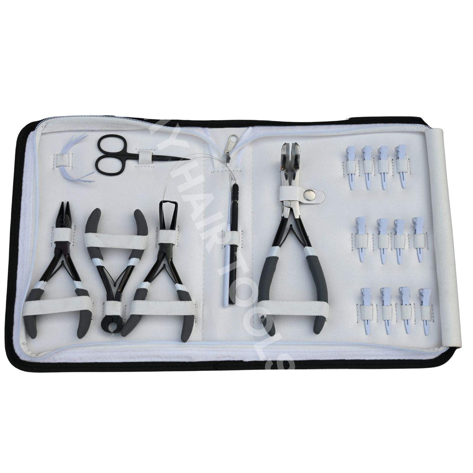 KIT DE HERRAMIENTAS PARA EXTENSIONES DE CABELLO BLANCO Y NEGRO