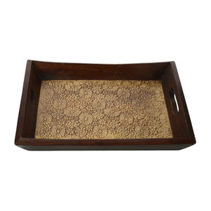 Plateau de service marocain en bois de manguier fait main avec poignées, aspect antique, rectangulaire, plateau décoratif, design floral, décoration de cuisine - Product Image 1
