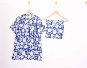 Ensemble de pyjama en coton bleu imprimé à la main, manches courtes, col rabattu, taille élastique, vêtements de nuit décontractés, été, 3 pièces - Product Image 1