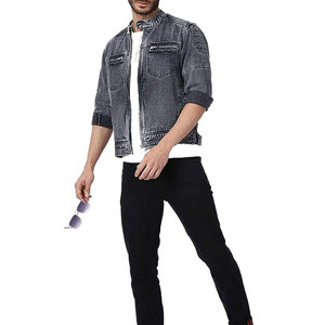URBANGAZER Men's Stonewashed Denim Varsity Jacket Stand Collar <b>Covered</b> <b>Button</b> Closure Casual Winter Style Regular Fit Solid - Product Image 4