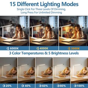Lampe de bureau LED réglable à 360° avec port de charge USB, 5 modes d'éclairage, intensité variable, en aluminium, pour lecture et travaux manuels au chevet - Product Image 4