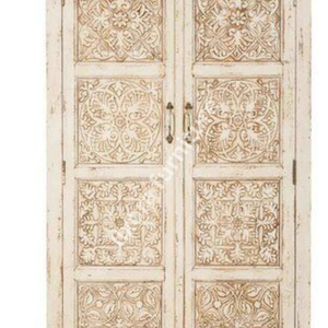 Luxury Handcrafted Solid Wood 2 Door <b>Wardrobe</b> Ornate Mandala Carving Distressed Cream White Armoire - Product Image 3