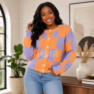 HMR Acrylic Sisterhood Sorority Orange Purple Plaid Knitted <b>Cardigan</b> Long Sleeve Crew Neck <b>Button</b> Front Casual - Product Image 3