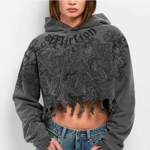 Sudadera Corta con Capucha para Mujer TWIN CITY, Diseño Gótico Negro con Detalles de Remaches, Estilo Punk, Tejido de Algodón - Product Image 6
