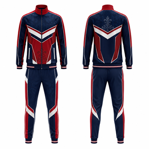 Ensemble de survêtement sportif pour homme, bleu marine, rouge et blanc, à motif géométrique, avec fermeture éclair intégrale, séchage rapide, en polyester, pour l'automne, avec poches latérales - Product Image 1