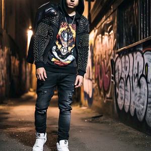 เสื้อมีฮู้ดของผู้ชายลายพระอาทิตย์จางมีซิปรูดซิปรูดพิมพ์โลโก้พลอยเทียมตามสั่ง - Product Image 2