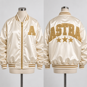 Astra <b>Men's</b> Beaded Varsity <b>Jacket</b> Gold Lettering Satin Back <b>Sequined</b> Preppy Style Regular Fit Autumn Zipper Closure - Product Image 5