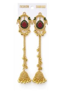 Boucles d'oreilles pendantes en alliage de zinc plaqué or, ornées de strass en cristal et d'imitation de perles, coupe brillante, motif paon géométrique ethnique - Product Image 2