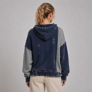 OEM Custom <b>Women's</b> Cotton Vintage Wash Distressed <b>Hoodie</b> <b>Navy</b> Blue Grey Panel Ripped Pullover Heavyweight Streetwear Wholesale - Product Image 3