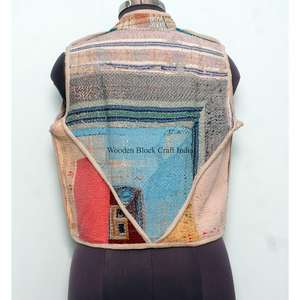 Elegante Chaleco de Algodón Kantha Hecho a Mano con Cuello en V para Mujer, Chaqueta Corta de Invierno con Logotipo Bordado en la Espalda, Estilo Urbano - Product Image 5