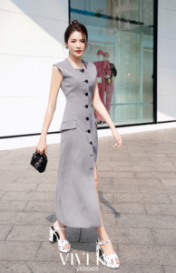 Vestido Midi VIVIKA de Tweed Sólido con Botones Delanteros, Abertura Lateral, Silueta Evase, Ajustado, para Fiesta, Cintura Alta, Forro de Seda, Primavera - Product Image 5