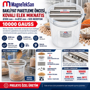 Bucket Sieve <b>Magnet</b> for Legume Packaging – Ø300 mm, 4 × Ø32 mm N35 Neodymium Rods, 10,000 Gauss - Product Image 4