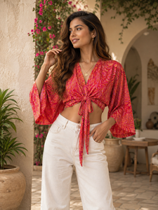 Blouse ample en mousseline de soie à imprimé cachemire et col en V, manches kimono, style bohème, pour femme, tenue printemps-été avec pantalon blanc - Product Image 1