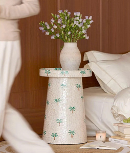 Escapadas tropicales y vida costera relajada. Taburete hecho a mano para sala de estar, cuidadosamente incrustado sobre una base de MDF. - Product Image 3