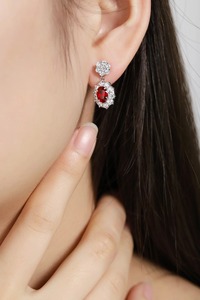 Classic 925 <b>Silver</b> <b>Drop</b> <b>Earrings</b> With Oval Ruby And Diamond Flower Design For Women Wedding Jewelry - Product Image 3