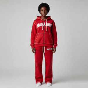 ชุดเซ็ตสองชิ้นขายาว ผ้าฝ้ายพิมพ์ลายพัฟฟ์ทรงโอเวอร์ไซส์ ซิปหน้า ล้างสีแบบแอซิดวอช สตรีทแวร์ โลโก้สั่งทำ แต่งขอบขาด้วยคริสตัล - Product Image 6