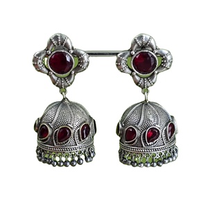 ARTS JEWELS Pendientes de cristal Jhumka de latón chapado en plata antigua, con diseño geométrico, corte de pera y forma de bola, de moda, de la India, Rajasthan - Product Image 1