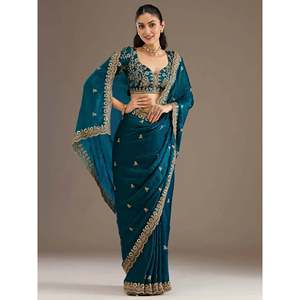 Robes pour la mère de la mariée, élégantes robes de soirée en soie brodée bleue avec un sari et une blouse - Product Image 6