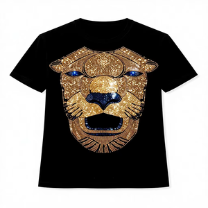 Camiseta Negra Oversize para Hombre, Estilo Veraniego, con Estampado de León con Pedrería, Algodón, Estilo Urbano, Corte Holgado, Logotipo Personalizado, Último Diseño - Product Image 1