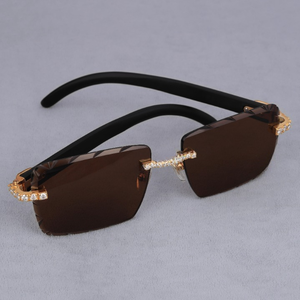Lunettes de soleil rectangulaires sans monture, verres marron, monture dorée avec strass, unisexe, protection UV400, style luxueux pour adultes - Product Image 1