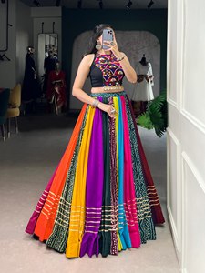 Designer Printed Design With Gota Patti Detailing And Mirror Work Rayon Navratri Special Lehenga Choli Ready To Wear <b>Set</b> - Product Image 1