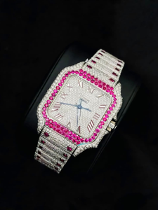 Reloj de Lujo para Hombre, Estilo Hip Hop, con Incrustaciones de Rubíes Rosados, Números Romanos Cuadrados Plateados Modernos, Automático, Personalizado, Vintage - Product Image 2