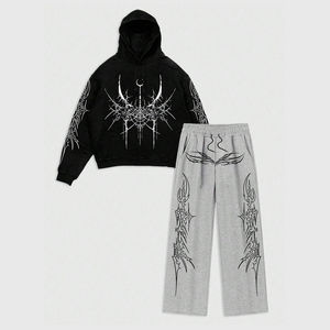 Conjunto de chándal unisex personalizado con estampado bordado en relieve, pantalón y sudadera con capucha corta de forro polar holgado - Product Image 1