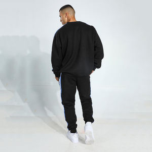 Sweat-shirt en coton noir pour homme avec rayures bleues et blanches, manches longues, col rond, coupe ample, décontracté, pour l'automne - Product Image 2