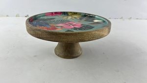 Round Wooden Cake Stand Floral Printed Dessert Pedestal Enamel Snack <b>Tray</b> Dishwasher Safe for Home Party Baking Display - Product Image 2