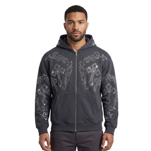 เสื้อฮู้ดซิปประดับเพชรเทียมสีดำสำหรับผู้ชาย ผ้าฝ้ายฟลีซหนานุ่ม สตรีทแวร์ สกรีนโลโก้ได้ ทรงหลวม คุณภาพสูง ขายส่ง รับผลิตแบบ OEM - Product Image 1