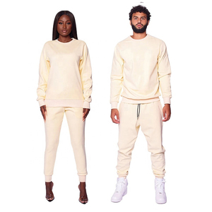Conjunto Deportivo Unisex Color Crema, Sudadera con Cuello Redondo, Pantalones Deportivos de Color Sólido, Ropa Casual, Pantalones Largos con Cordón, 100% Algodón - Product Image 1
