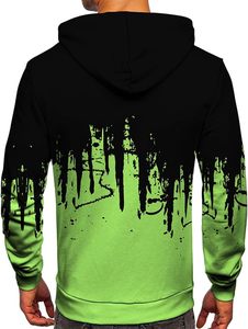 Sudadera con capucha para hombre, negra y verde con estampado de goteo, cremallera, efecto lavado, corte regular, informal, para otoño, con logo tejido frontal, estilo urbano. - Product Image 4