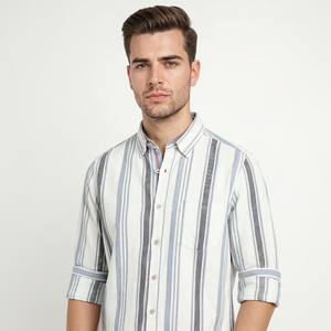 Camisa de Verano de Lino Sarga a Rayas Casual con Doble Botonadura y Cuello Abotonado Transpirable ODM - Product Image 2