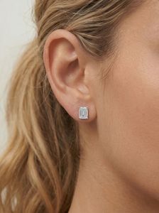 <b>Emerald</b> Cut Moissanite Claw Setting <b>Stud</b> <b>Earrings</b> GRA Certificate Rhodium Plated 925 Silver - Product Image 2