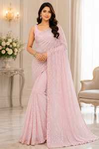 Indian Boutique Elegant Blue Georgette Quick Dry Glitter Print <b>Saree</b> <b>Women</b> Regular Fit Wedding Wear Bridal Pakistan All Seasons - Product Image 2