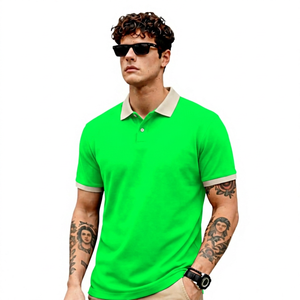 Chemise noire unie à manches courtes pour homme, col et poignets beiges, décontractée, en lin/coton tricoté, respirante, coupe classique, logo frontal, franges - Product Image 4