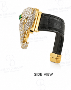 Haute joaillerie elephant <b>bracelet</b> in 18K yellow gold with pave diamonds emerald centerpiece and black <b>leather</b> strap luxury - Product Image 4