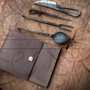 4PCS Hand Forged Iron Steel Medieval <b>Dining</b> <b>Set</b> Rustic Camping Utensils with Leather Roll Pouch Viking Style <b>Outdoor</b> Gift - Product Image 4