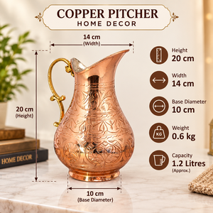 Pichet en cuivre gravé à la main avec motifs floraux, carafe à eau en cuivre pur, poignée en laiton, évier en cuivre vintage, vaisselle décorative, cadeau - Product Image 5