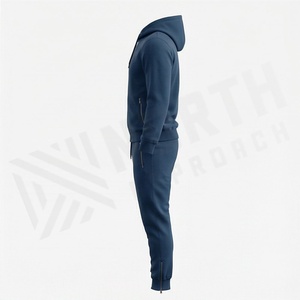 <b>Men's</b> <b>Navy</b> Blue Hooded Tracksuit Solid Color Zipper Front Casual Sportswear Full Sleeve <b>Joggers</b> Set Regular Fit Autumn Wear - Product Image 3