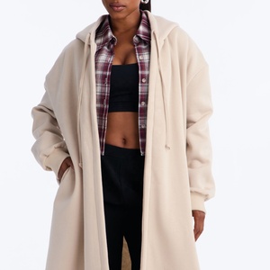 Heavyweight Custom <b>Women's</b> Beige Hooded Long <b>Coat</b> Open Front Knitted Maxi <b>Duster</b> <b>Coat</b> with Pockets Casual Outerwear Trench <b>Coat</b> - Product Image 3