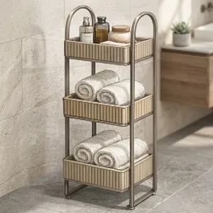 3 Tier Durable Wood Storage Cart with Beige <b>Baskets</b> for Bathroom Towel and Toiletry Organization & Hotel Use Bathroom Furniture - Product Image 3