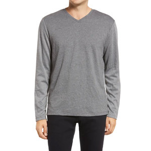 T-shirt à manches longues pour homme, gris, col en V, coupe classique, tricoté, couleur unie, style décontracté, coton respirant - Product Image 1