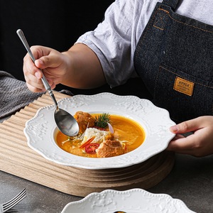 White ceramic Plates with Embossed decorative floral Pattern glossy Underglazed Durable Eco-Friendly BPA Free Oven <b>Microwave</b> - Product Image 3