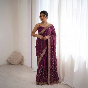 Sari de Seda para Mujer con Bordado, Traje Tradicional de Boda Estilo India-Pakistán de Samp Corporation - Product Image 1