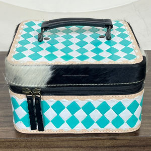 Estuche de Joyería de Cuero Vacuno con Diseño a Cuadros Turquesa y Blanco, Hecho a Mano, Estilo Occidental, Organizador de Joyas, Caja de Viaje - Product Image 4