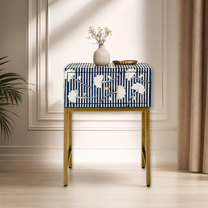 WOODEN ARTISTIC Blue Floral Bone Inlay Modern Wooden Nightstand with Storage <b>Drawer</b> Home Bedroom Furniture From Rajasthan - Product Image 1
