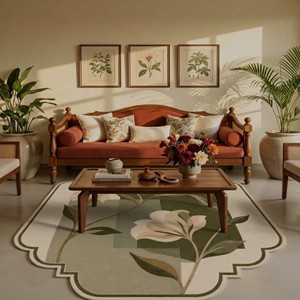 Alfombra Elegante con Diseño Floral en Verde Oliva y Crema, Patrón Abstracto, Lana/Algodón, Antideslizante, de Lujo, para Sala de Estar, Dormitorio, Decoración Contemporánea - Product Image 4