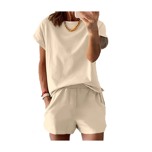 Ensemble 2 pièces pour femmes, décontracté, col rond, haut à manches courtes, short taille haute, couleur unie, coupe ample, vêtements de printemps et d'été - Product Image 2